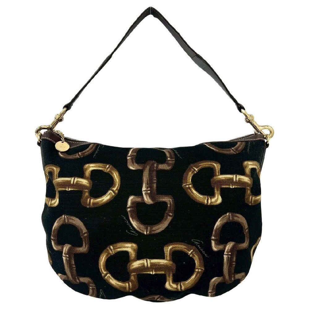 GUCCI Horsebit canvas leather shoulder bag handbag tote black - Picture 3 of 10